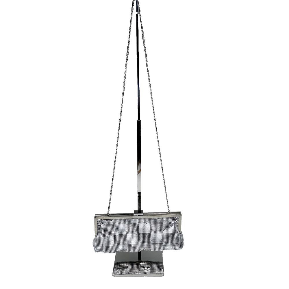 Metal Mesh Silver Purse Evening Bag Clutch Snap Closure Crossbody Chain Strap